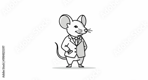 A smiling cartoon mouse dressed in a suit with its hands in its pockets