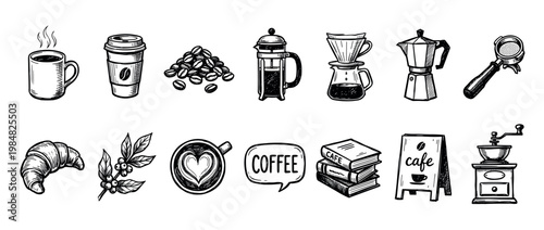 Hand-drawn coffee and cafe themed icons set in a vintage sketch style, featuring a mug, beans, grinder, croissant, latte art, and various brewing equipment illustrations