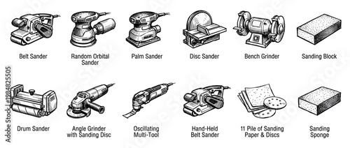 Set of various woodworking sanding tools illustrated in a detailed black and white line art style, including power sanders, grinders, sandpaper, and sanding blocks for carpentry