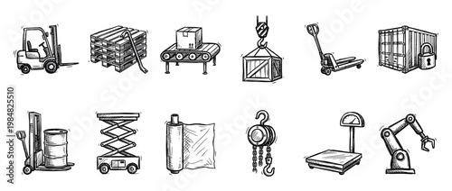 Hand-drawn logistics and warehouse equipment icons collection showing a forklift, pallet, conveyor belt, shipping container, crane, and robotic arm in a detailed black and white sketch style