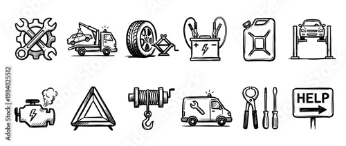 Set of hand-drawn car service icons representing roadside assistance, vehicle repair, and automotive emergencies in a sketchy black and white doodle style illustration collection