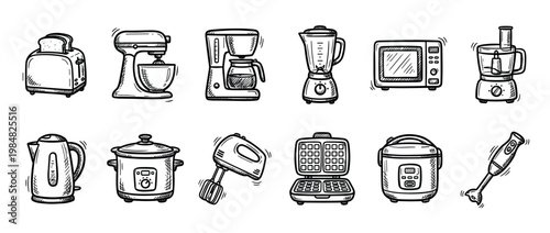 Twelve hand-drawn kitchen appliances are neatly arranged in a charming doodle style, showcasing essential cooking and food preparation tools with a clean, illustrative aesthetic