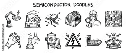 Hand-drawn semiconductor industry icon set with robotic arms, silicon wafers, microchips, and factory equipment in a black and white doodle sketch style illustration collection