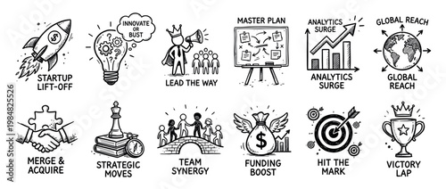 Set of twelve hand-drawn business icons representing concepts like startup, innovation, leadership, strategy, and success in a clean and simple sketch style