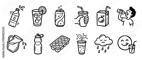 Collection of hand-drawn beverage and hydration icons illustrating various drinks, containers, and related concepts like refreshment and water in a clean, illustrative style