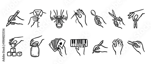 Collection of black and white line art hands performing various everyday activities, such as writing, buttoning, tying, sewing, eating, cutting, and playing, rendered in a clean, illustrative style