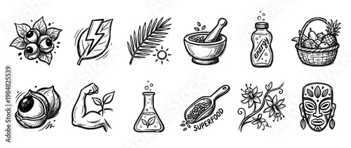 Collection of hand-drawn natural health icons depicting superfoods, energy, botanical ingredients, and traditional remedies, rendered in a detailed black and white sketch style