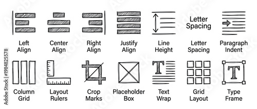 Collection of hand-drawn typography and layout icons showing alignment, spacing, grid, and crop marks in a simple black and white sketch style for graphic design concepts