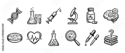 Hand drawn science and medical research icons collection, featuring various symbols like DNA, test tubes, microscope, syringe, and brain, rendered in a detailed sketch style