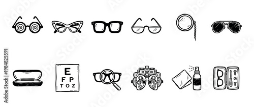 Set of hand-drawn optometry icons featuring various eyeglasses, a phoropter, Snellen chart, and vision care accessories in a black and white doodle illustration style