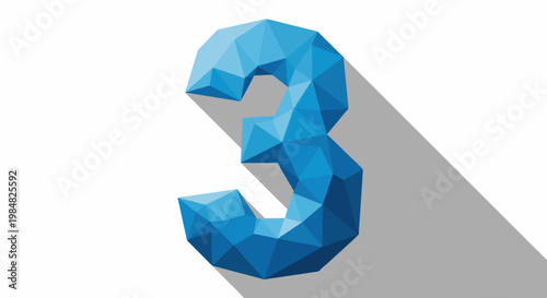 Blue low-poly number three with a long grey shadow on white