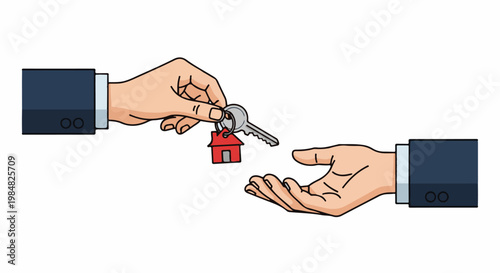 Hand passing house key with red keychain to open hand in business attire