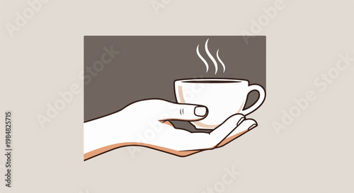 A hand holds a steaming cup of coffee against a muted background