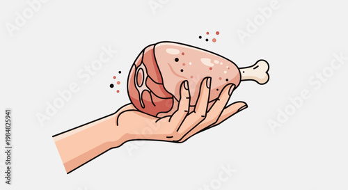 Hand holding a raw chicken leg with scattered dots