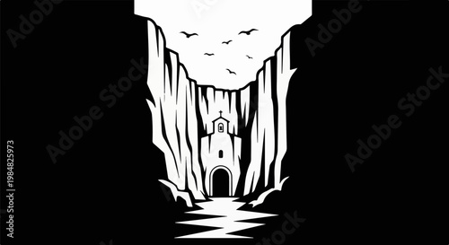 A white silhouette of a chapel nestled within a rocky ravine, with birds overhead