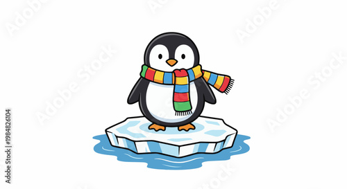 Cute cartoon penguin wearing a colorful scarf stands on an ice floe