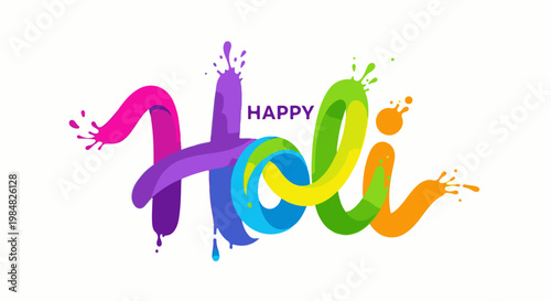 Colorful, fluid paint splashes forming "Happy Holi" text with vibrant gradients