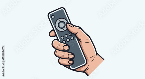 Hand holding a grey remote control with multiple buttons