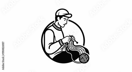 Man in cap knits with yarn and needles, circular emblem