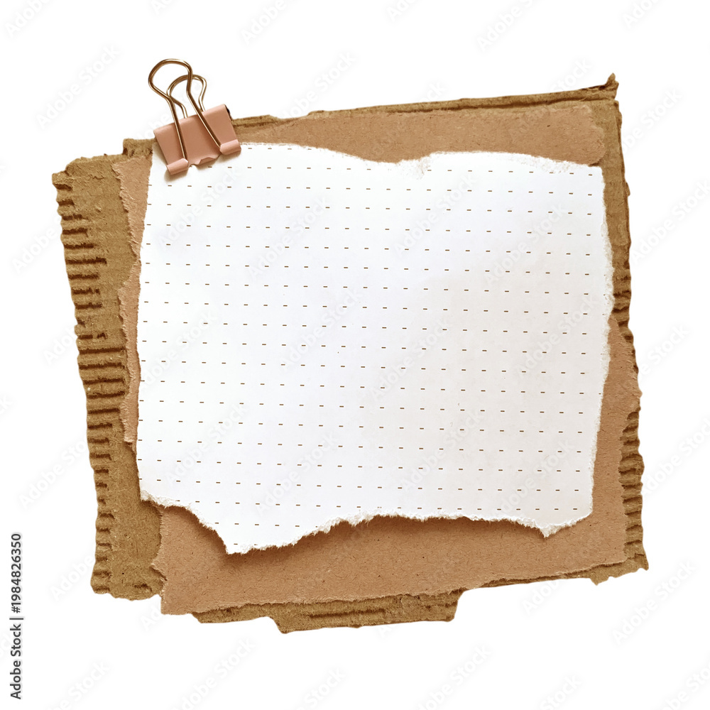 Fototapeta premium Torn dotted notebook paper clipped with binder clip on layered cardboard collage on a transparent background