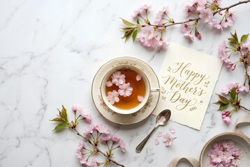 Mother’s Day Tea Flat Lay with Pink Cherry Blossoms and Greeting Card, Elegant Spring Celebration, Generative AI