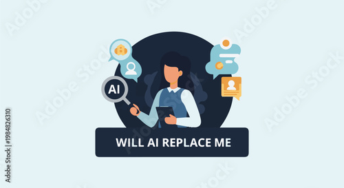 A woman examines artificial intelligence with a magnifying glass, questioning its impact on employment