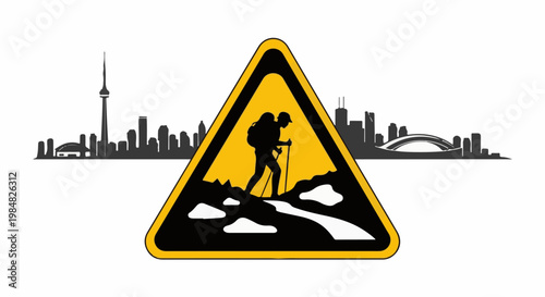 A warning sign graphic displays a hiker traversing a path