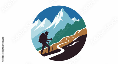 Silhouette of a hiker trekking up a winding mountain path under snowy peaks