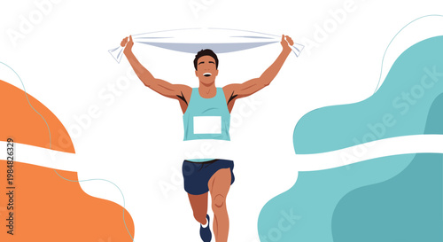 Male athlete victoriously crossing the finish line of a marathon and breaking the white ribbon with his arms raised in triumph.