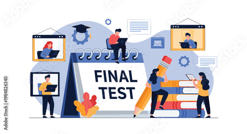 Students collaborating and studying hard to prepare for their upcoming final tests as shown around a giant academic calendar.