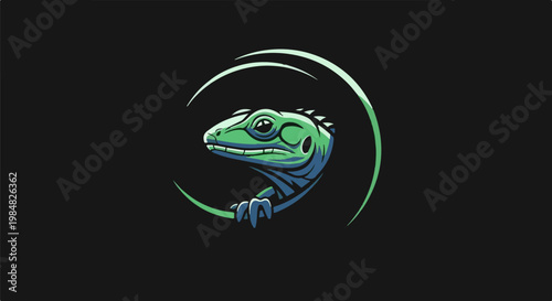 A stylized green and blue reptile peeks out from a green circular frame