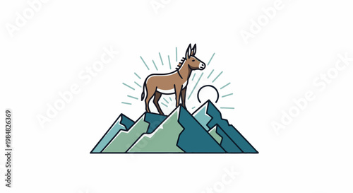 A stylized donkey stands atop mountain peaks under a radiant sun