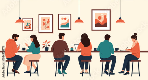 Diverse group of people sitting at a long counter in a stylish modern cafe while working on laptops, reading, and drinking coffee.