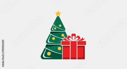 Stylized Christmas tree with ornaments next to a bright red gift box