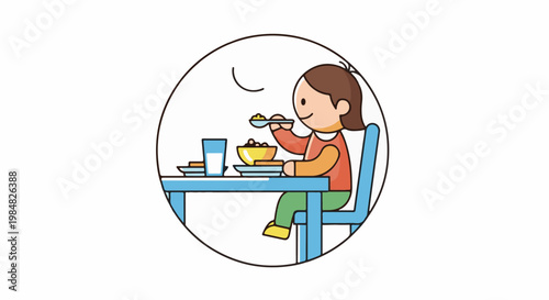 Stylized cartoon child happily eating a meal at a blue table