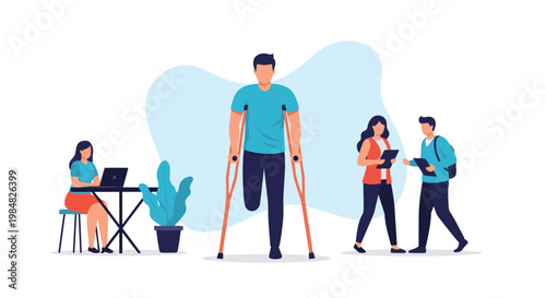 Confident man with a leg disability using crutches while standing in a modern office environment surrounded by supportive colleagues.