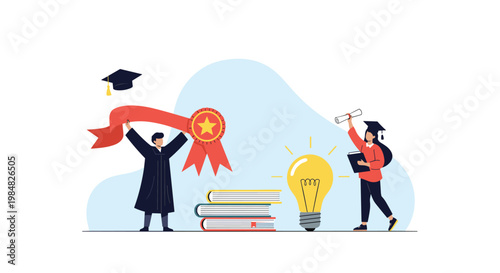 Successful graduates celebrating their academic achievement with a large diploma, a red award ribbon, and a bright glowing lightbulb.