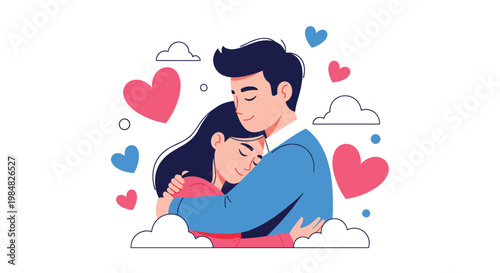 Loving couple sharing a warm embrace surrounded by pink and blue heart shapes and white clouds in a romantic minimalist illustration.