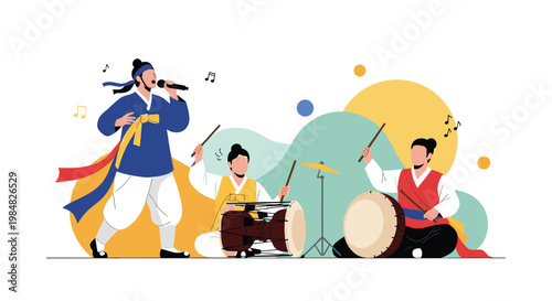 Performance of traditional Korean folk music featuring a singer and musicians playing changgo and buk drums against a colorful background.