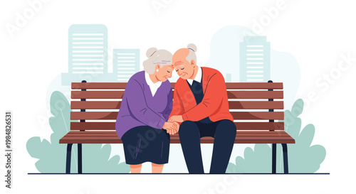 Loving senior man and woman sit closely together on a wooden park bench with their heads touching in a tender moment of affection and care.