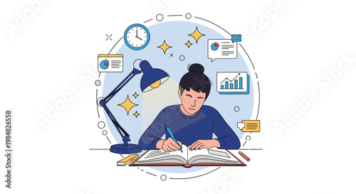 Young woman focused on studying at a desk with a lamp, books, and floating icons of data charts and time management in a clean style.