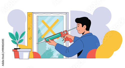 Professional worker using an orange caulking gun carefully applies sealant to the edges of a window frame during home renovation or repair.