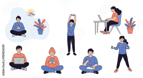 Collection of people engaged in healthy lifestyle activities such as yoga, exercise, working on a laptop, reading, and using a tablet.