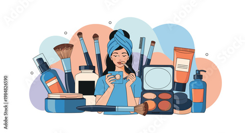 Young woman with a towel on her head applies makeup while surrounded by a large collection of cosmetics, brushes, and skincare products.