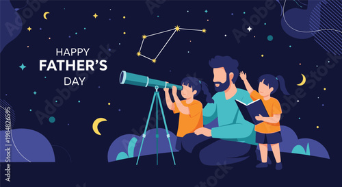 Happy family with a father and two young daughters looks through a telescope at the starry night sky with a constellation and moon.