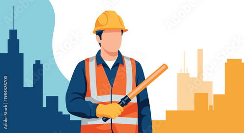Professional construction worker wearing a safety vest and hard hat while holding a traffic control light baton in front of a city.