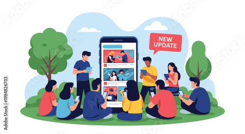 Group of young people sitting and standing around a giant smartphone screen to explore new app updates and social media content.