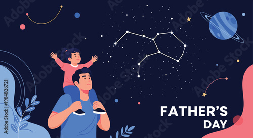 Father carrying his young daughter on his shoulders while gazing at a beautiful night sky filled with stars and constellations.