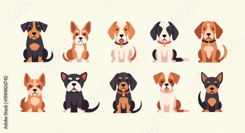 Collection of diverse dog breeds sitting in a row showing different sizes, colors, and features of domestic pet animals.