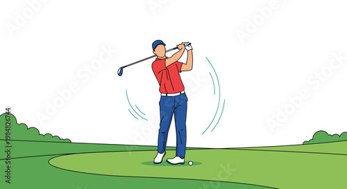Professional golfer performing a full swing with a golf club on a lush green course during a sunny day of sports activity.